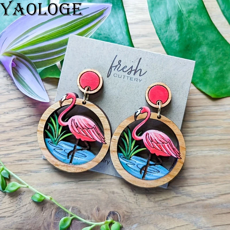 

YAOLOGE 2024 New Classic Hot Sale Wood Red Flamingo Earrings For Women Trendy Personal Animal Eardrop Accessories Party Gifts