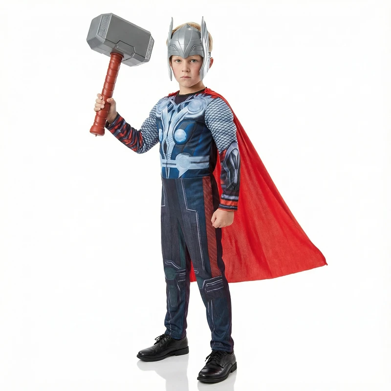 Disfraz de Capa de Superhéroe Thor para Niños con Máscara y Mono para Halloween, Cosplay, Fiestas, Niños y Niñas, Disfraz con Martillo de Plástico