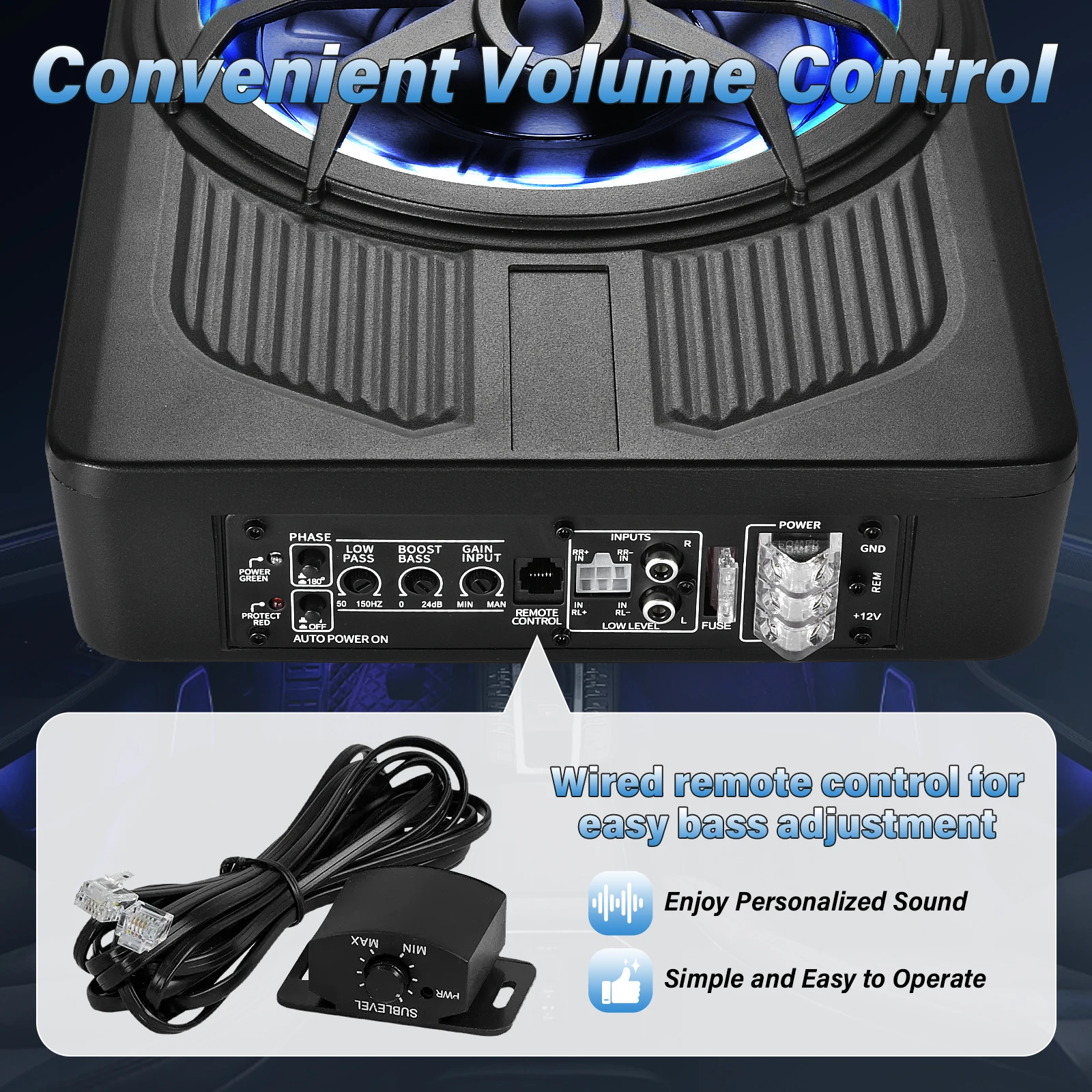 10 Zoll Aktiver Untersitz-Subwoofer mit Blauer LED-Beleuchtung, Kompakter Auto-Subwoofer für LKW, SUV, Fahrzeuge mit Begrenztem Platz, Kraftvoller Bass – Detail 2