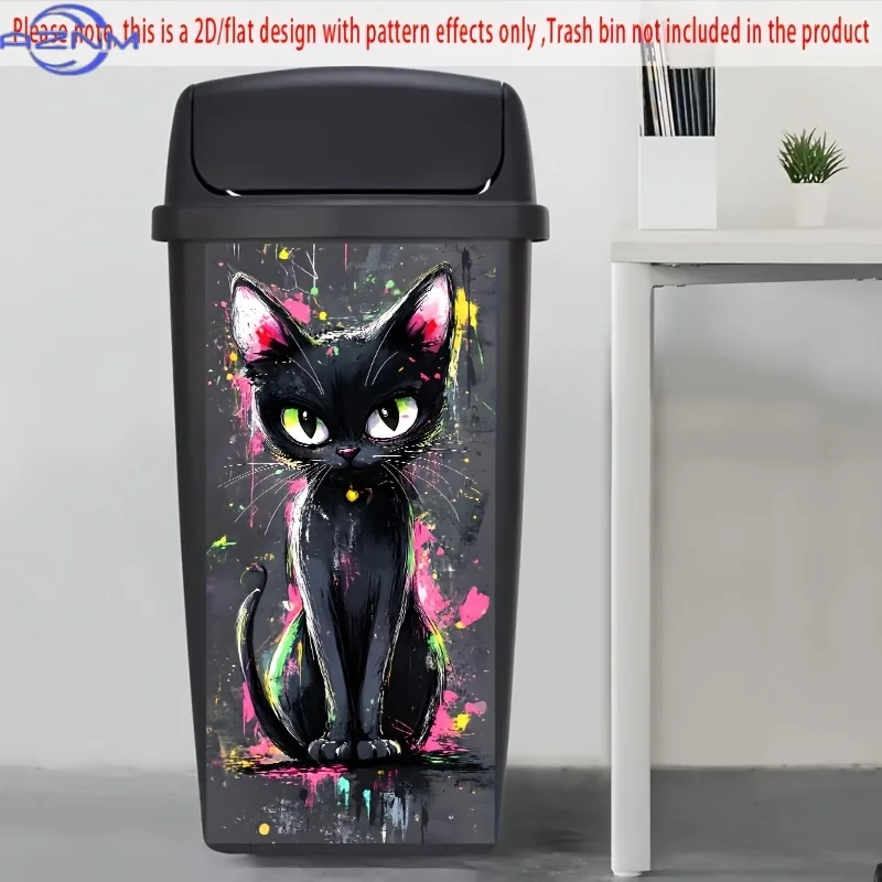 1pc 2D/FLAT Garbage Can Sticker,  X inch, Graffiti Black Cat Color Splash Art, Vibrant Street Style, Garbage Bin Sticker for T
