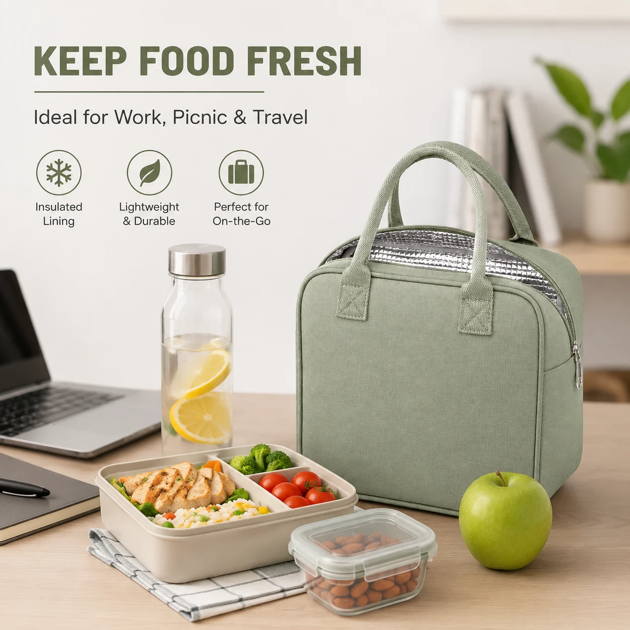 Scratch-Resistant Thermal Lunch Bag with Padded Handle, Insulated Tote for Daily Commute and Campus