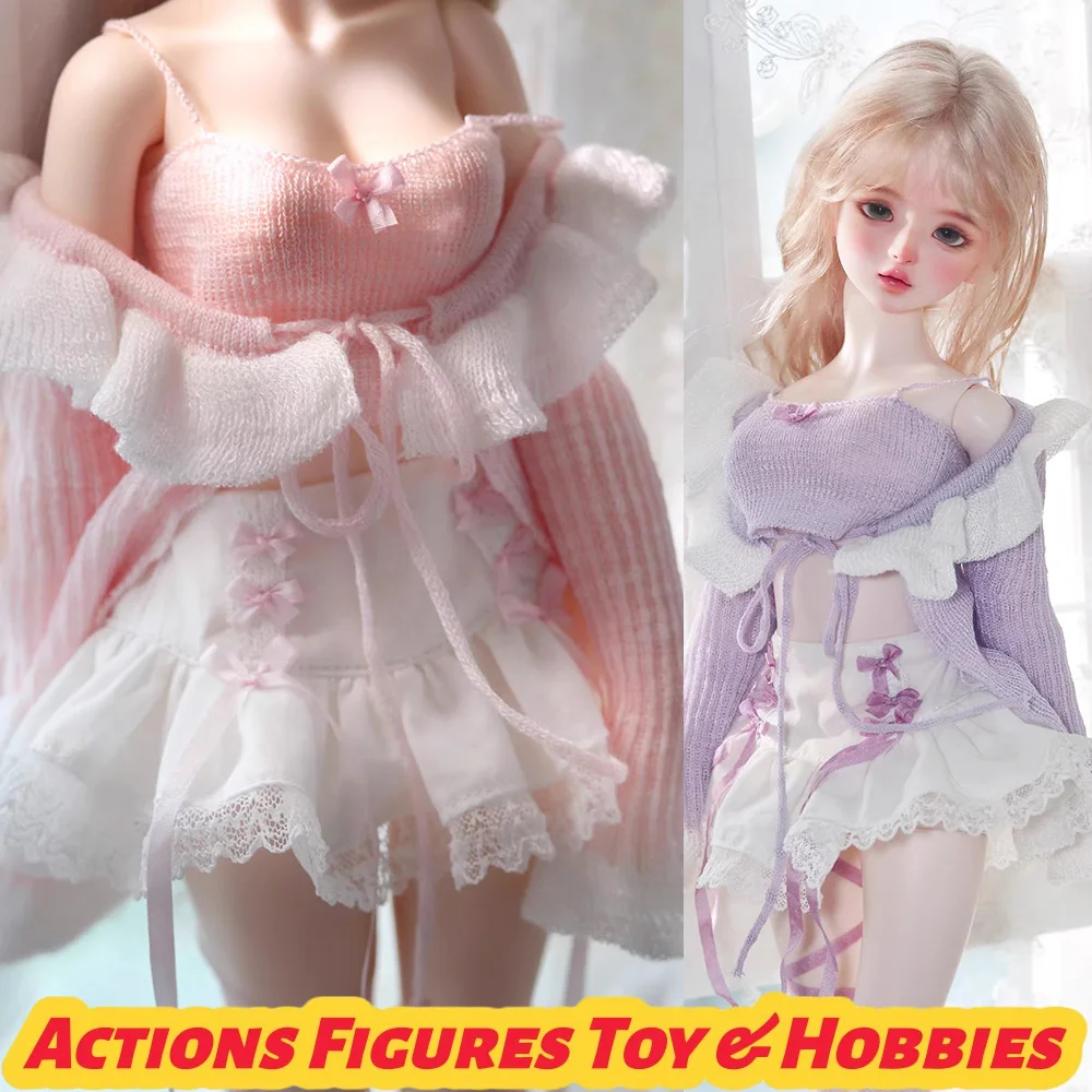 

【45days shipping】1/4 Female Sweety Sweater Set Lotus Leaf Edge Knitted Cardigan Strap Vest Culottes for BJD Big Dolls
