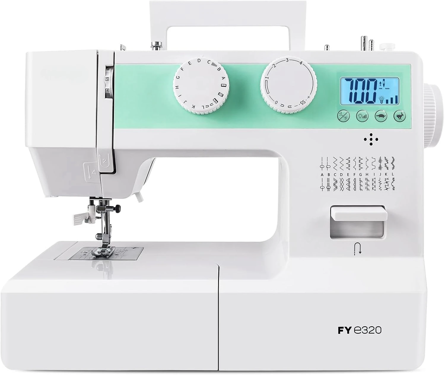 ماكينة خياطة بالحجم الكامل FYe320 مع دواسة قدم للتحكم في السرعة، محمولة شديدة التحمل، 25 غرز مدمجة، 6 بكرات، 5 أقدام خياطة