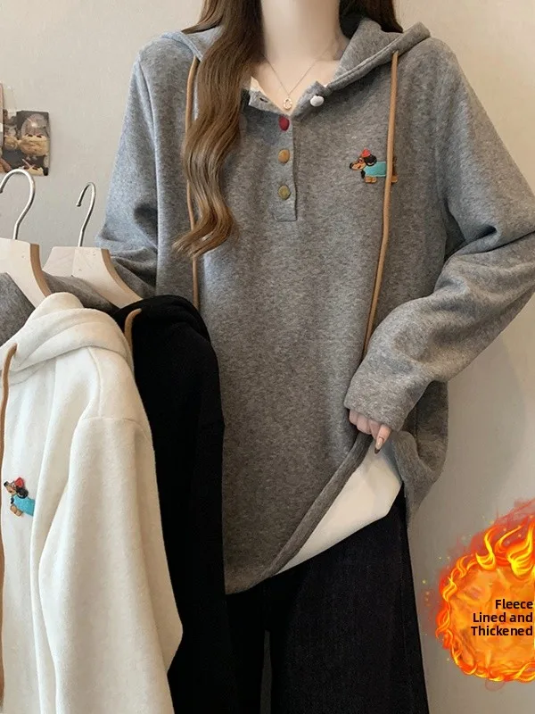

Женская толстовка больших размеров с начесом, утепленная, с мультяшной вышивкой, свободного кроя, осенне-зимняя, новая, универсальная, модная верхняя одежда