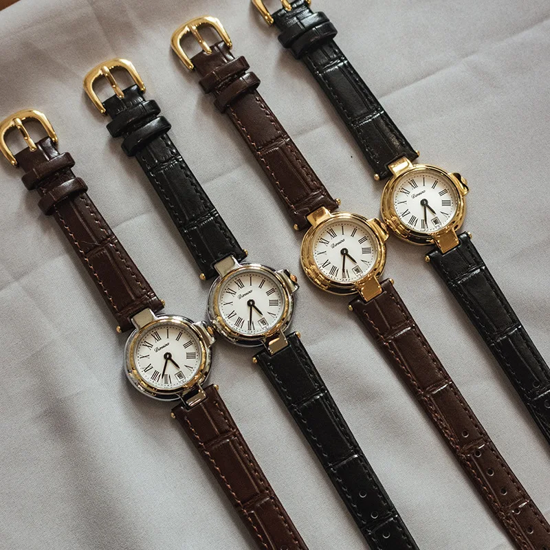 

Vintage leather strap calendar watch, antique style watch, women's accessory, gift for women, fashionable quartz wristwatch.