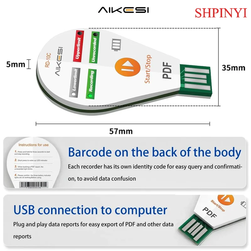 AIKESI RD-10C 디지털 온습도 데이터 로거 온도 기록계 (내장 센서, 조명 알람 포함)