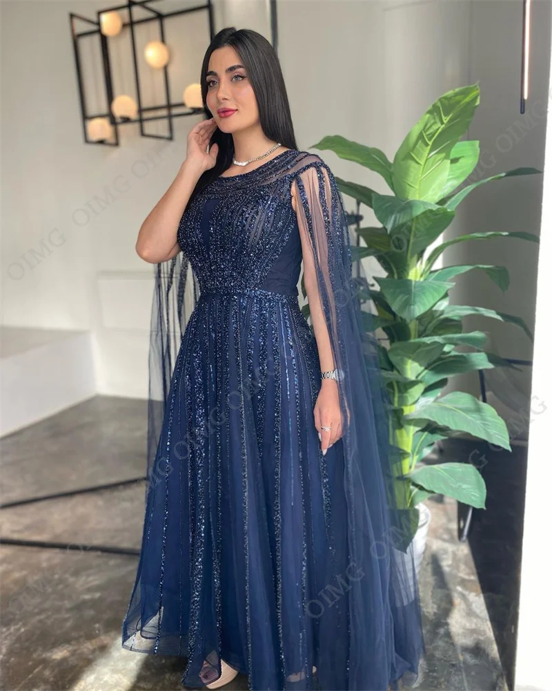 OIMG Navy Blue Tulle A Line O-Neck Long Cape Slevees Prom Party Gowns Shiny Sequins Dubai Custom Evening Gowns Dress vestidos