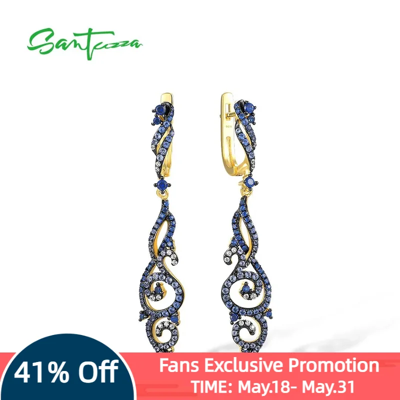

SANTUZZA 925 Sterling Silver Dangling Ombre Earrings For Women Blue Spinel /Nano Cubic Zirconia Long Linear Fine Elegant Jewelry