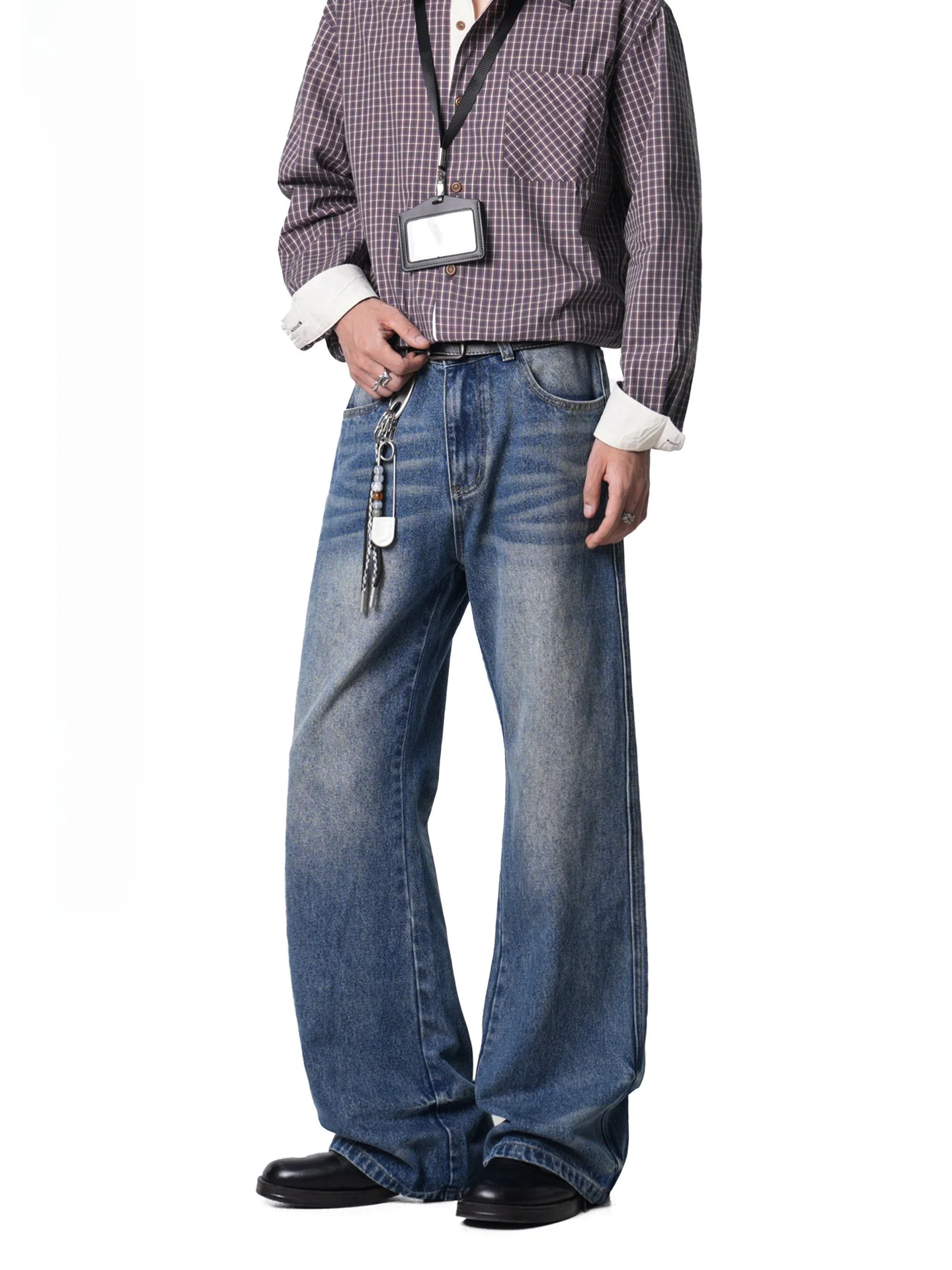American Retro Washed Denim Jeans Men's Straight Leg Wide Leg Pants Pattern Youth Trendy Cotton Polyester Blend