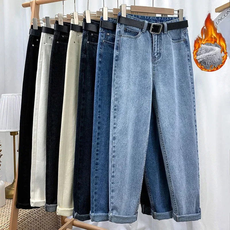 2026 Winter Girls Classic Snow Warm Plush Jeans Lady Korean Solid High Waist Trousers Women Fleece Thermal Denim Pants