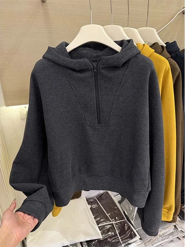

Корейская свободная толстовка с капюшоном Long Sve, женская модная дизайнерская толстовка на молнии, чистый цвет, повседневная универсальная толстовка, осенняя новинка A...