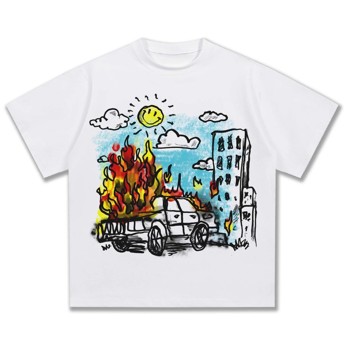 2026 Doodle Street Art Graphic T-shirt Men Hand Drawn Sun Cloud Short Sleeve Tee