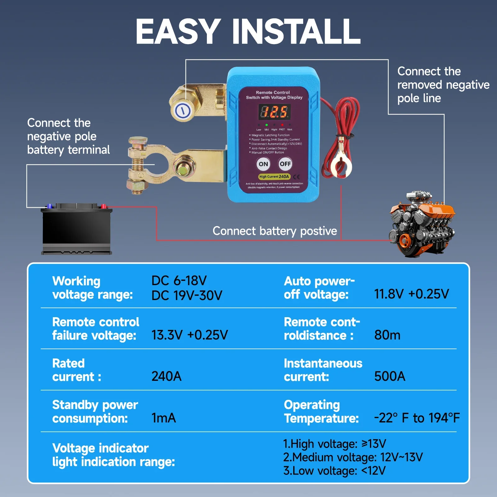 Interruptor de desconexión de batería con Control remoto, pantalla Led, ahorro de energía automático, antirrobo para coche, camión, barco, RV, Camper, 240A, 12V