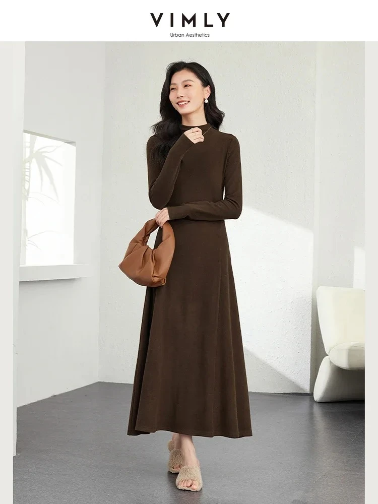 

VIMLY Ladies' Simple Elegant Semi High Neck Long Dress Autumn Winter Waisted Knitted Thermal Bottoming Dress Office Lady Outfits