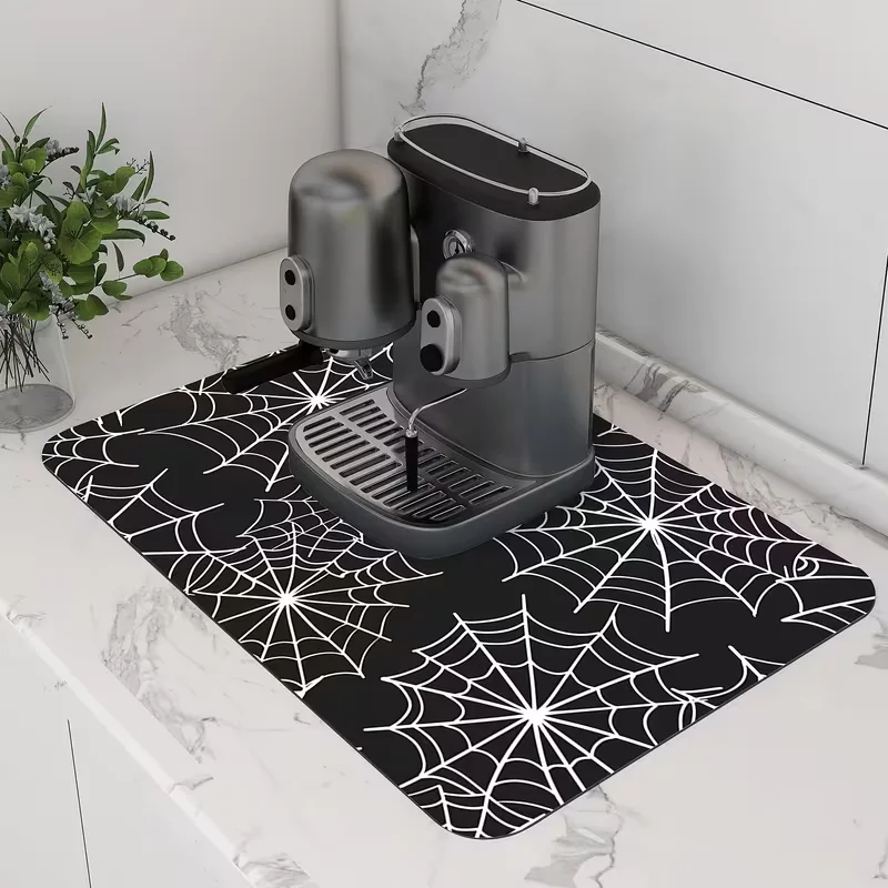 Spider Web Print Absorbent Dish Drying Mat Non Slip Coffee Bar Kitchen Sink Draining Pad Gothic Counter Tabletop Protector Mat