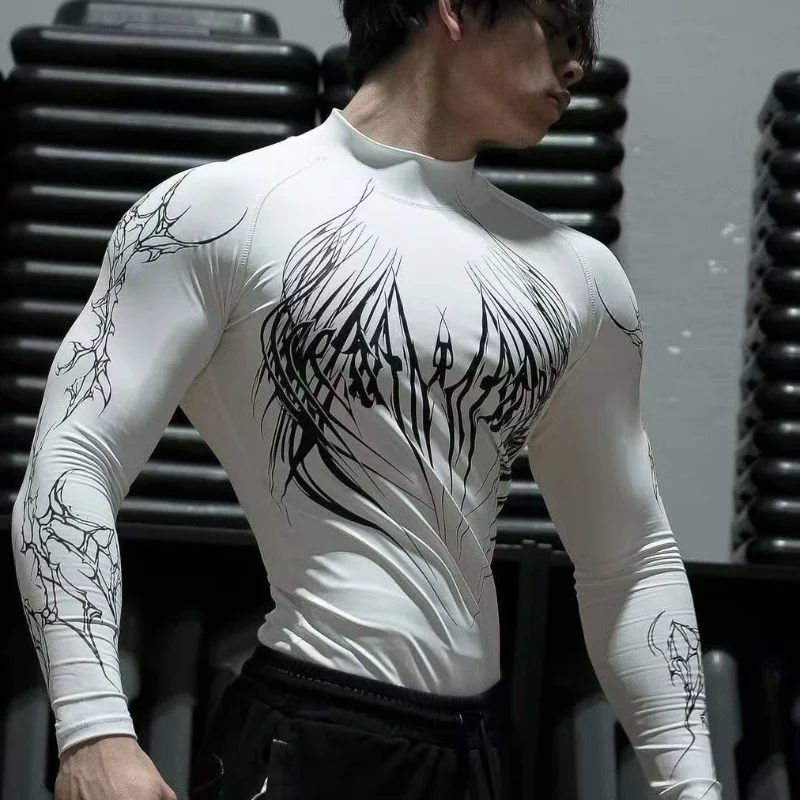 Men's Compression Shirt High Neck Long Sleeve Athletic Top Quick Dry Workout Rash Guard with Abstract Print