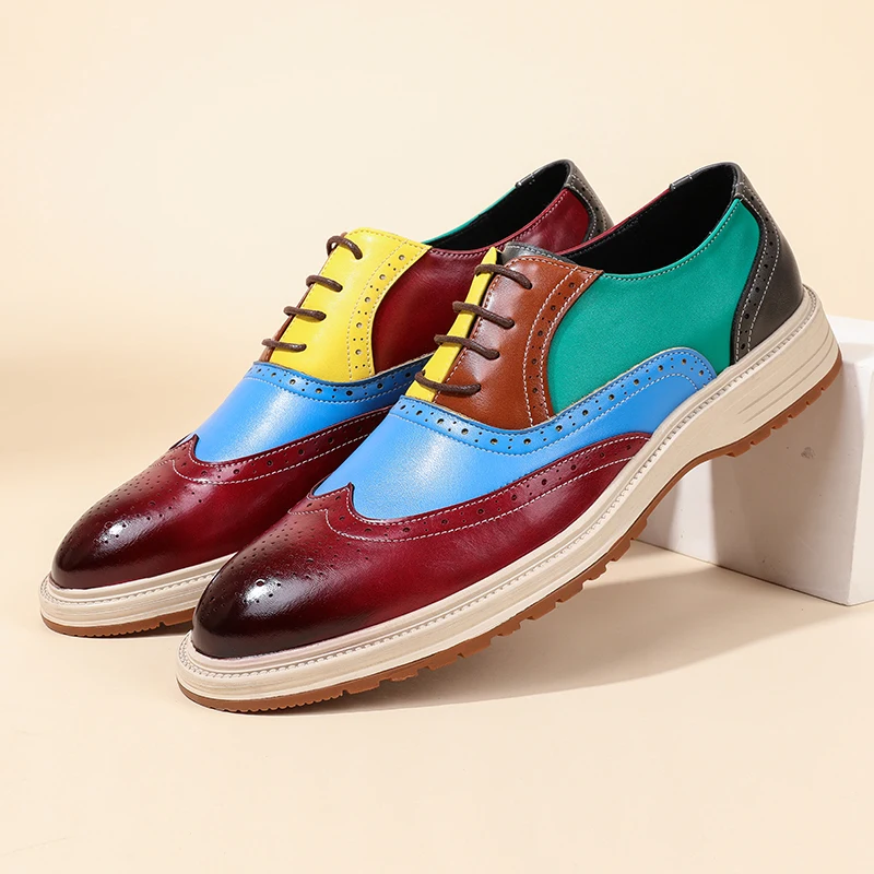Mens Leather Shoes Business Casual Oxfords Shoes 2026 New Trendy Dopamine Patchwork Brogue Shoes Man Casual Leather Shoe