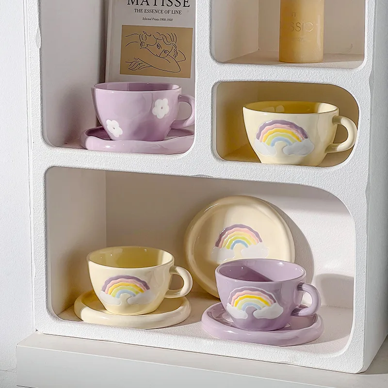 Foreign bloggers recommend! Hand painted rainbow hand pinch style ceramic coffee cup and saucer suit heavy industry water Cup ni