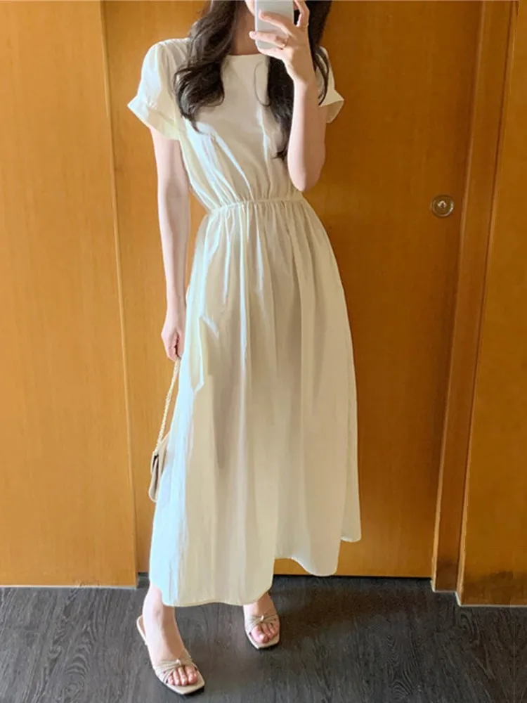 Summer V-Neck Long Dress Women Ruffle Pleated Modis Sweet Pink Ladies Dresses Korean Style Loose Casual Short Sleeve Woman Dress