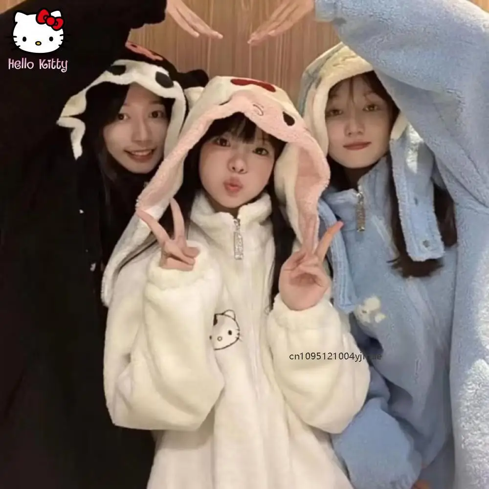 새로운 쿠로미 일본 귀여운 키티 후드 스웨트 셔파 코트 여성 모자 분리형 가을 겨울 Cinnamoroll 지퍼 자켓 따뜻한