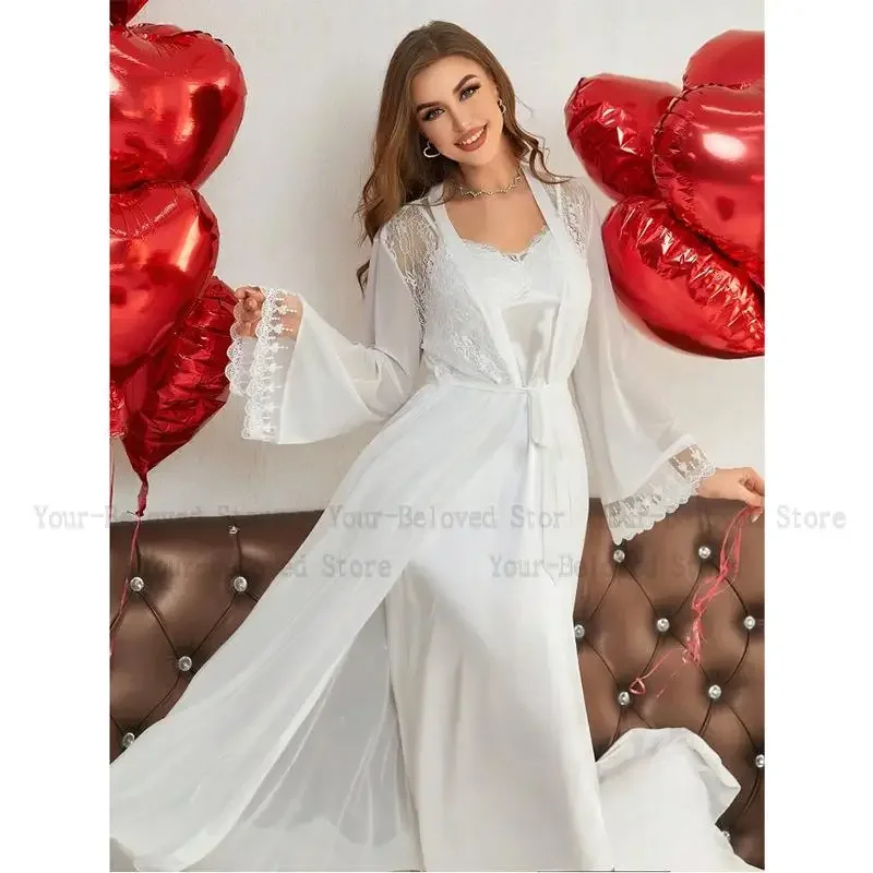 Long White Satin Sleepwear Sexy Vestidos De Novia Wedding Dress Suit Mesh Sleeve Kimono Nightgown Set 2Pcs Loungewear Lingerie