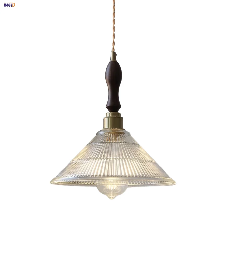 

IWHD Nordic Modern LED Hanging Light Fixture Study Dining Room Lights Wire Adjustable Walnut Clear Glass Pendant Lamp Hanglampen