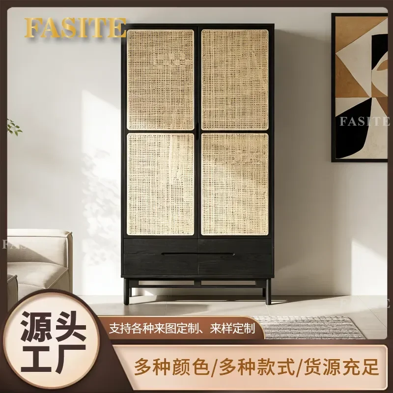 For Nordic Rattan Wardrobe Double Door Solid Wood Storage Locker Hotel Bedroom Home Designer Furniture