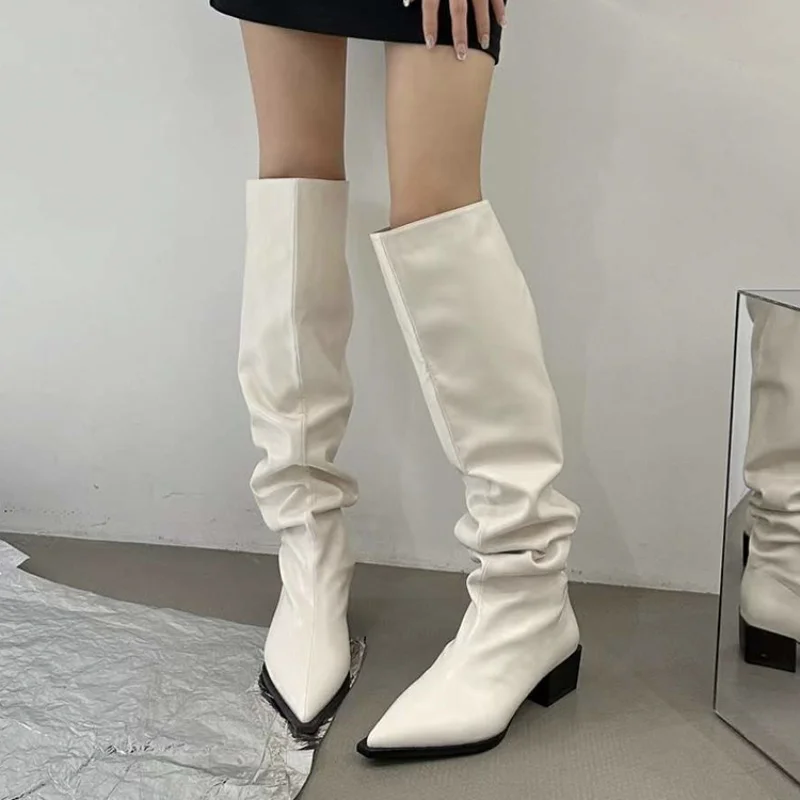 2025 Trend Geplooide Vrouwen Hoge Laarzen Punk Hoge Hakken Puntschoen Schoenen Winter Knie Hoge Designer Merk Lederen Vrouw Botas pompen