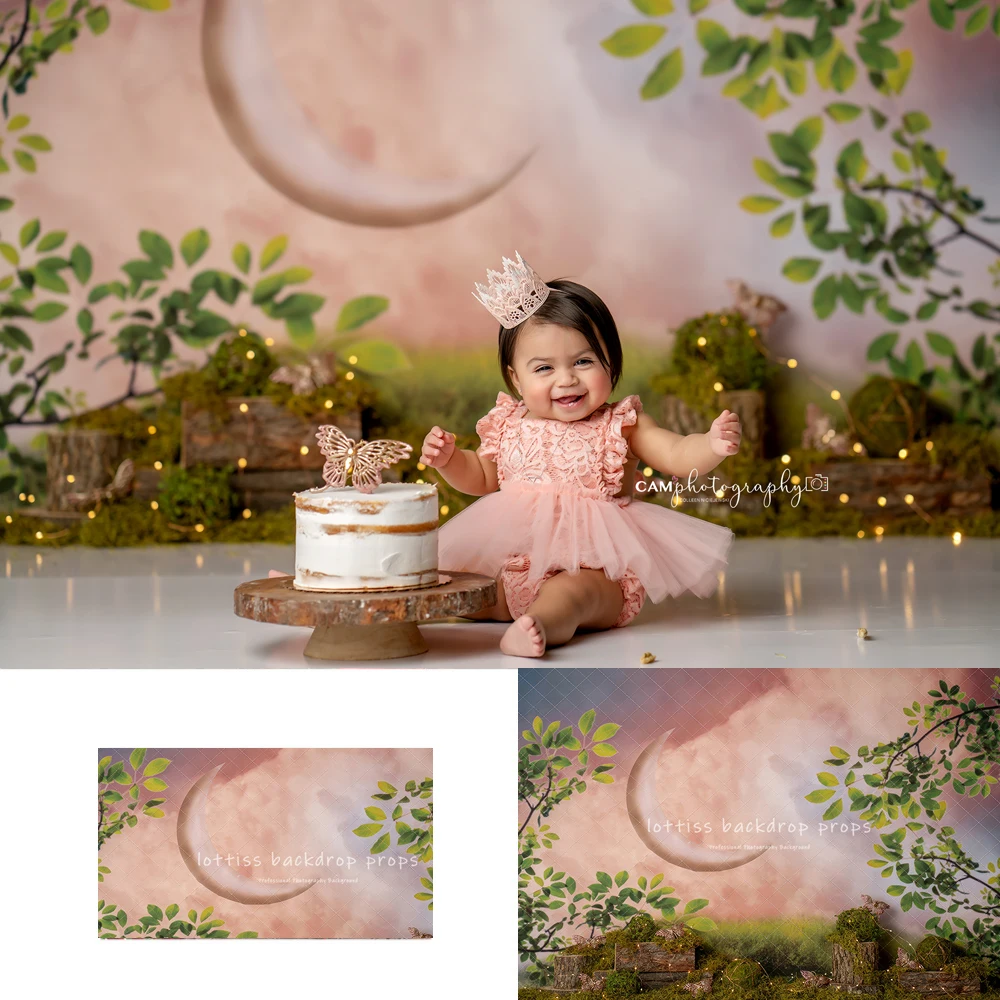 

Moss Garden Peach Moon Backdrops Kids Birthday Cake Smash Photography Child Baby Photocall Decors Plants Wall Backgrounds