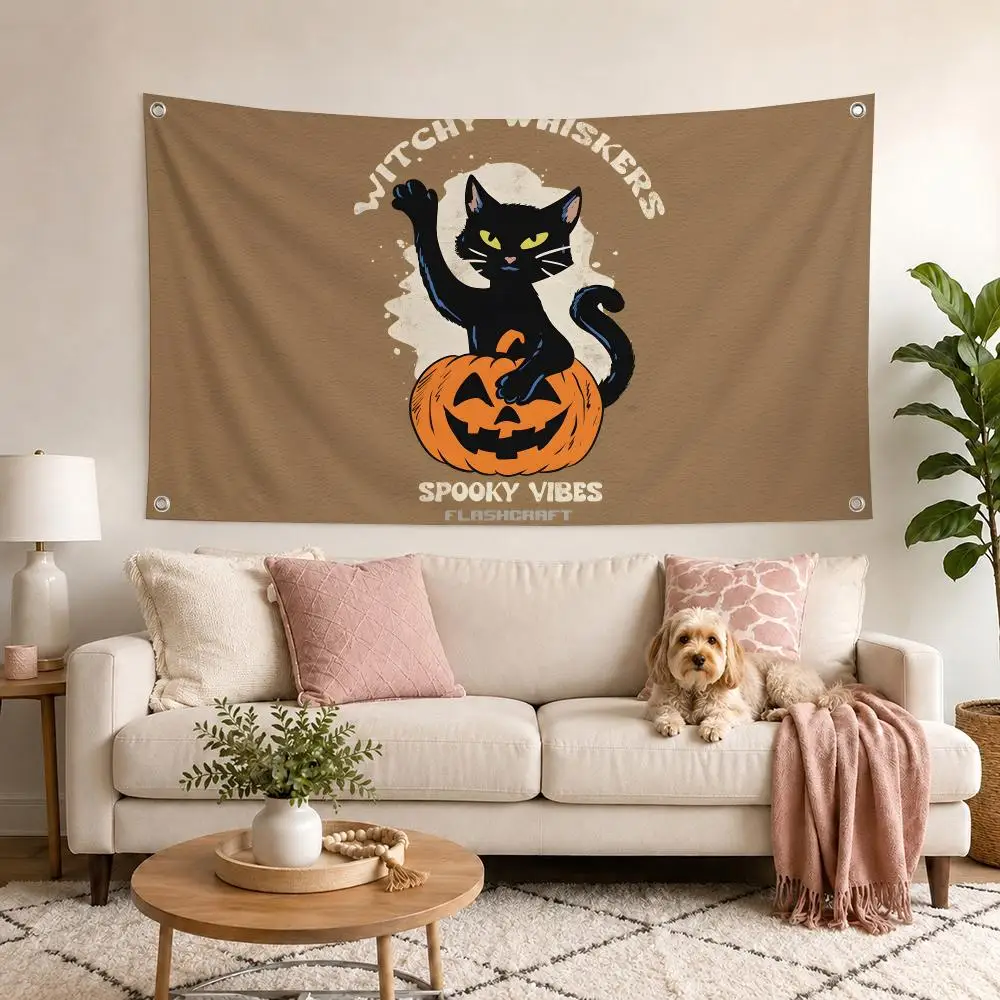 Halloween Vintage Witch Cat Pumpkin Flags Flag Outdoor Decor Flaga Decorative Home Objects Barber Shop Decoration Garage