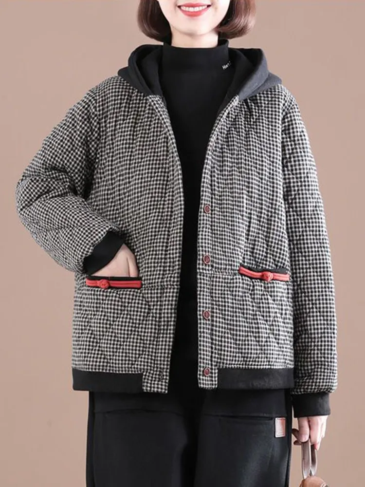 Thick Warm Hooded Coats Women New Arrival 2022 Autumn And Winter Vintage Style Plaid Pattern Loose Female Casual Outerwear D412