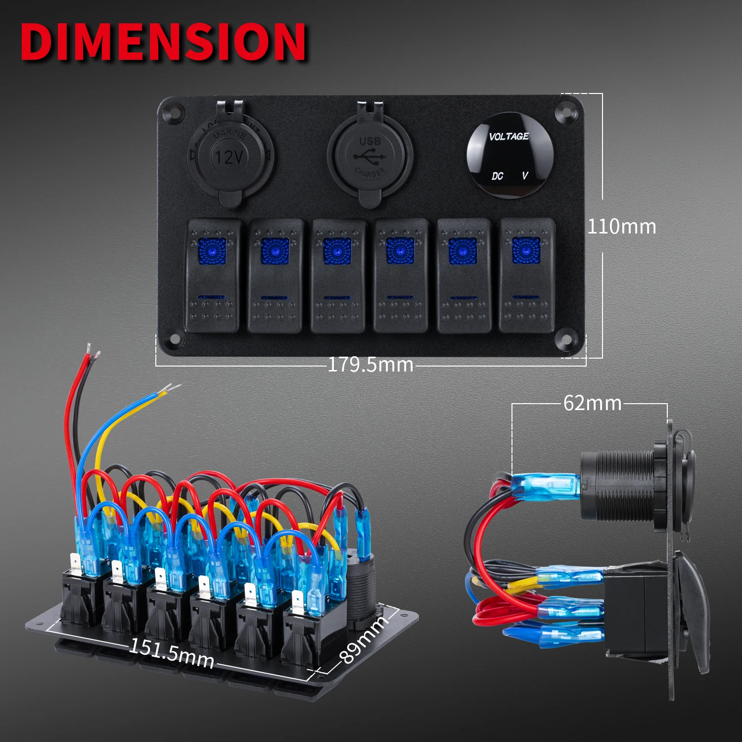 DaierTek 12V 24V 6 Gang Marine Rocker Switch Panel With Digital Voltmeter USB Charger Universal Switch Panel For Car Marine Boat