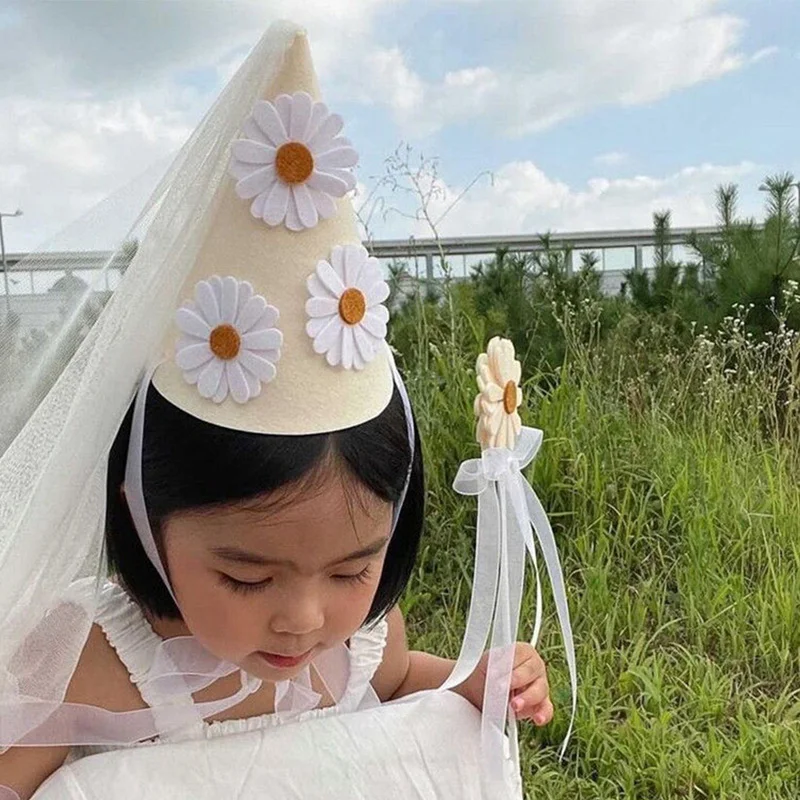 

Baby Girl Flower Party Hat Mesh Headwear INS First Kids Birthday Daisy Felt Hat