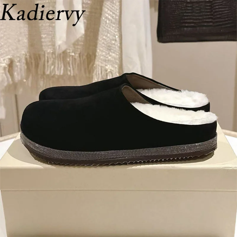 

Winter Rabbit Hair Slippers Women Round Toe Chain String Bead Mules Shoes Woman Cow Suede Flat Slides Fur Slippers Woman