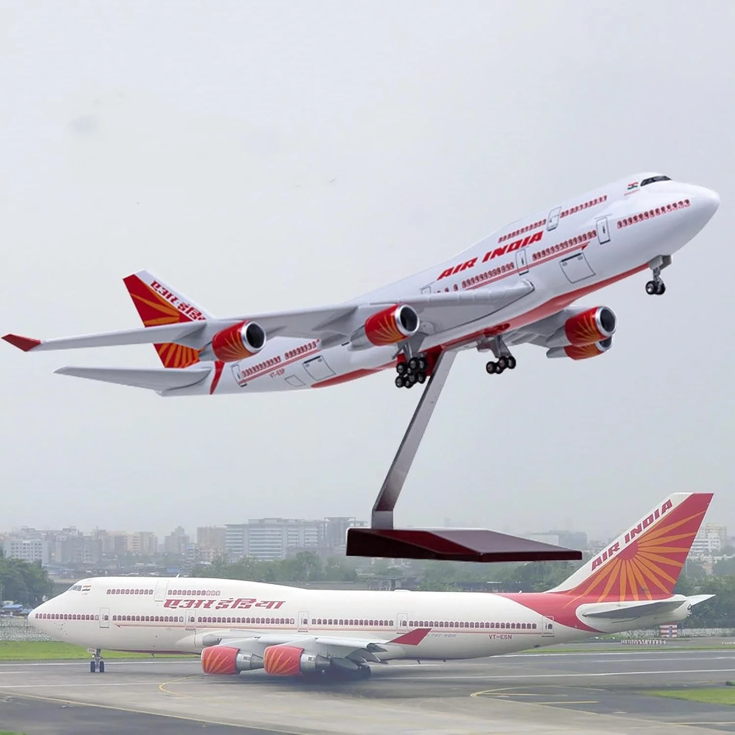Air India 747 B747 Plane Model Resin 47cm scale aircraft With Landing Gear Wheels Light(Touch or Sound Control)