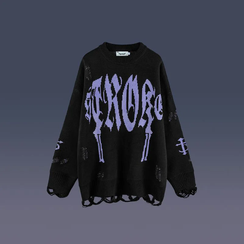 Pullovers Men Holes Letter Print Fashion Autumn Winter Loose Casual Sweaters Couples High Street O-neck Ripped Design Popular