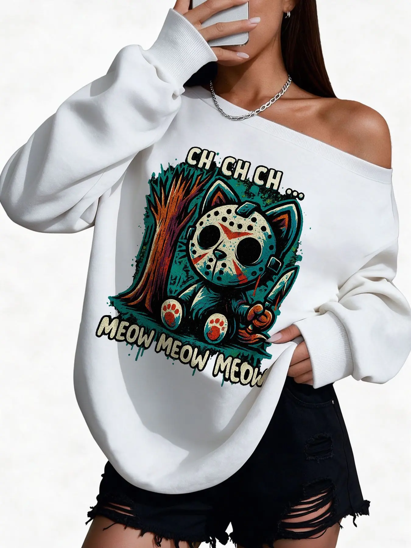Picture 5: Plus Size 50% Cotton Funny Cat Horror Movie Print Graphic Sweatshirt High Quality Women'S Off-Shoulder Wide Neck Sweatshirt W