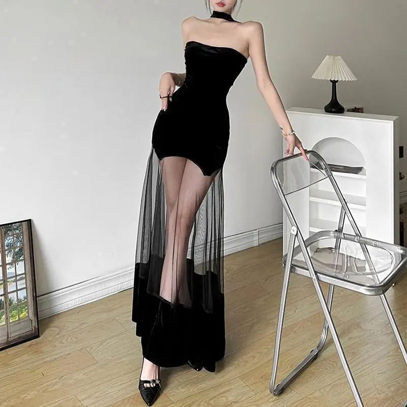 Sexy black strapless mesh see through patchwork hip hugging dress sleeveless off shoulder backless mid leng Long Vintage Dresses