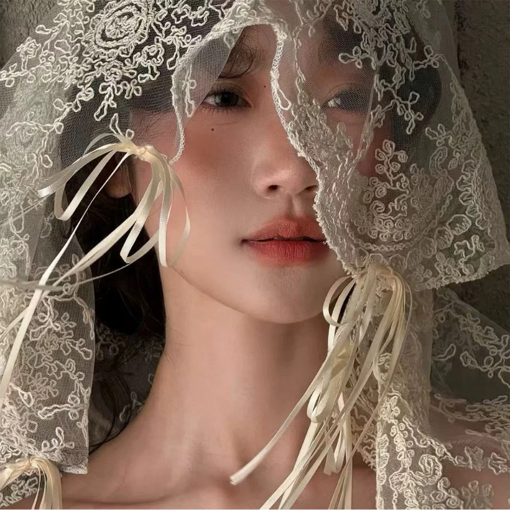 

Elegant Shoulder Length Veil with Lace Edge Wedding Veils Soft Tulle with Ribbon Bow Bridal Veil Wedding Props Marriage Party