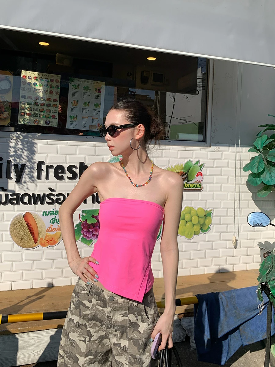 

Женский летний топ-бюстье Slim Fit с асимметричным разрезом, модный, сексуальный, укороченный, яркий цвет, на пуговицах