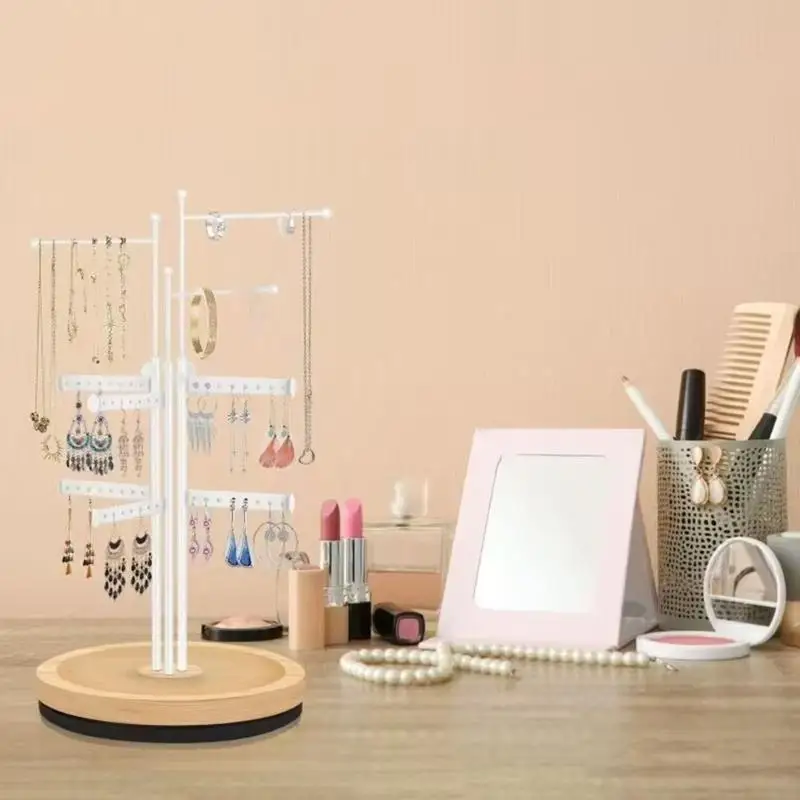 حامل عرض دوار متعدد الوظائف إطار معدني ومنصة خشبية لمتجر المجوهرات وقلادة وسوار المعرض رف 964A