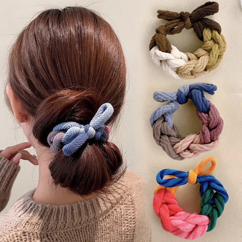 Estilos Ins, coleteros gruesos con lazo, lazos elásticos trenzados coloridos para el cabello para moño, coleteros, anillos de goma para el cabello para mujeres y niñas