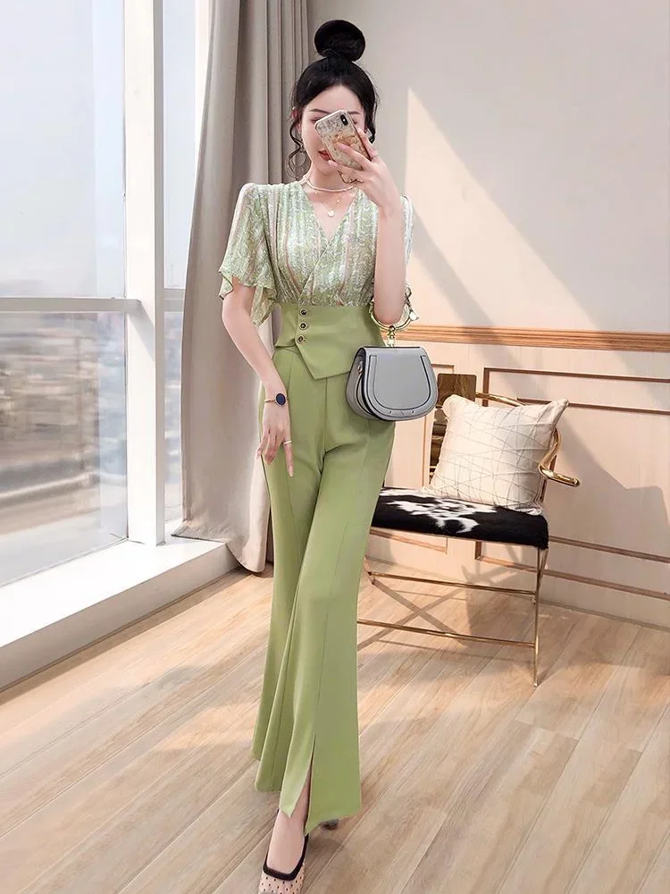 Holiday Trousers Woman Outfits Green Printing Top And Pant Sets For Women 2 Pieces New In Matching Groups Offer Korean Style Of