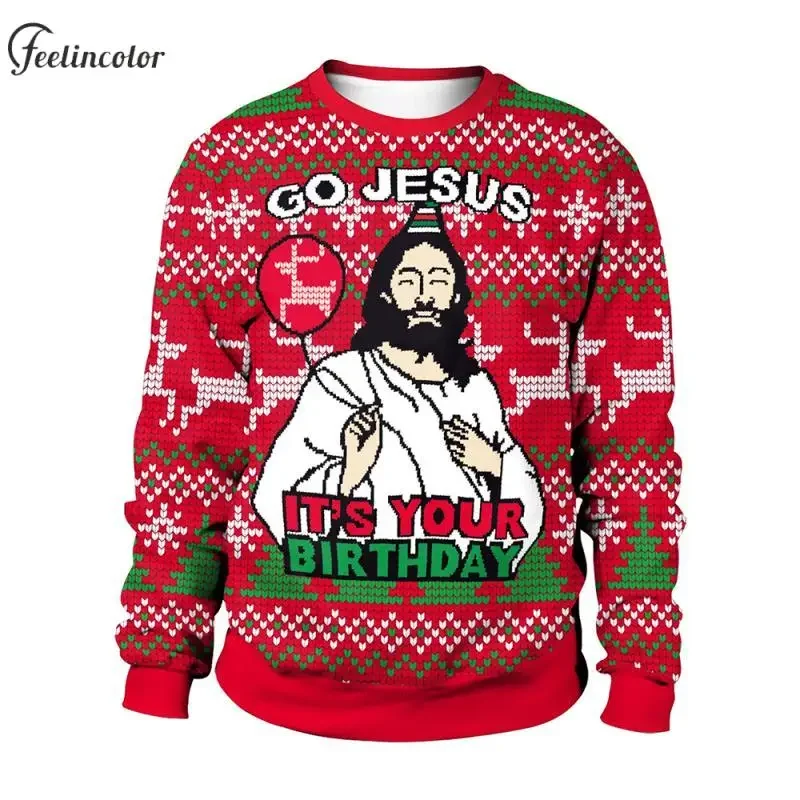 Christmas Elf 3D Print Sweatshirt for Men Jesus Graphic Pullover Xmas Party Sweatshirts Autumn Couple Clothing New Year Gifts