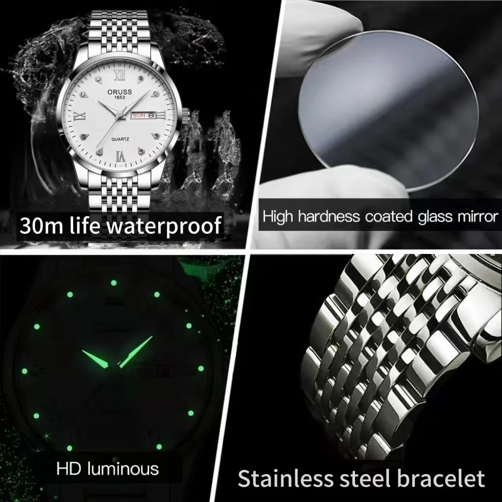ORUSS оригинальные мужские часы из нержавеющей стали с двойным календарем, водонепроницаемые светящиеся роскошные часы, модные кварцевые мужские наручные часы, Новое поступление