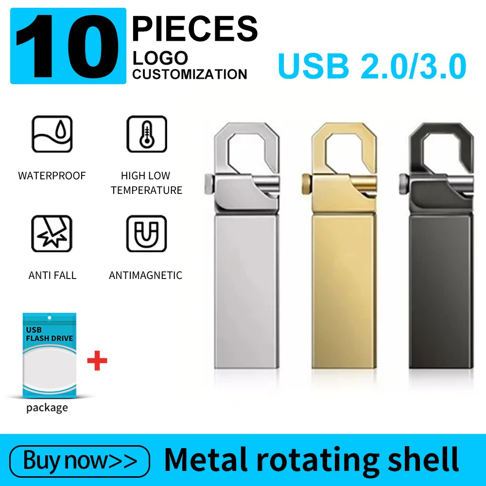 

10pcs Metal USB Flash Drives 64GB High Speed Waterproof Pen Drive 32GB 16GB Memory Stick Creative Gifts U Disk Free Logo Shipp