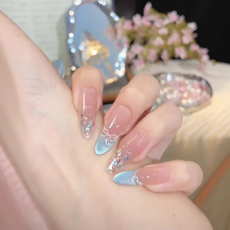 

10Pcs Handmade Nails Summer Sea Salt French Cat-Eye Pearl Bows—High-Quality Press-On Nails Perfect As A Gift for Girlfriends