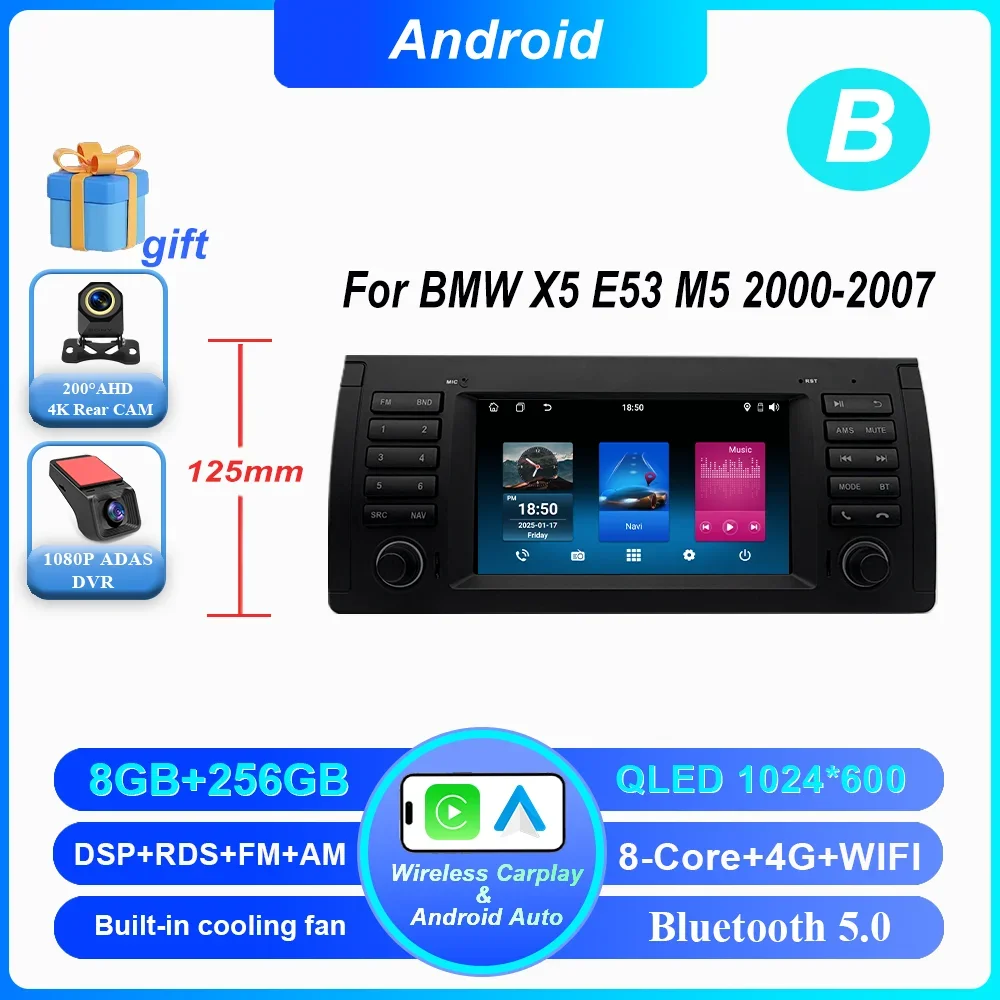 7 Inch Draadloze CarPlay Android Auto Radio Voor BMW 5 Serie E39 X5 E53 M5 1996-2003 Auto multimedia GPS 2din DVD Autoradio 4G DSP