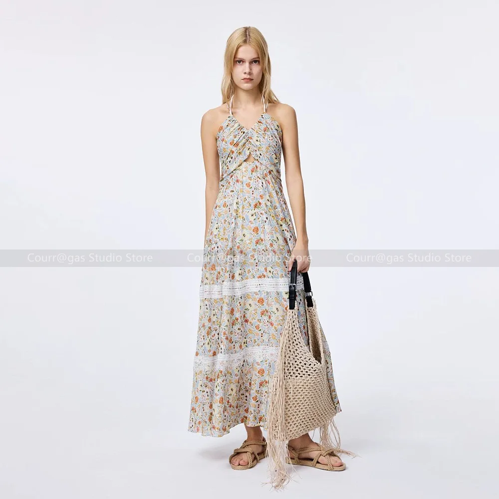 

French tea break lace floral halter neck splicing suspender skirt waist slim design holiday style dress for women