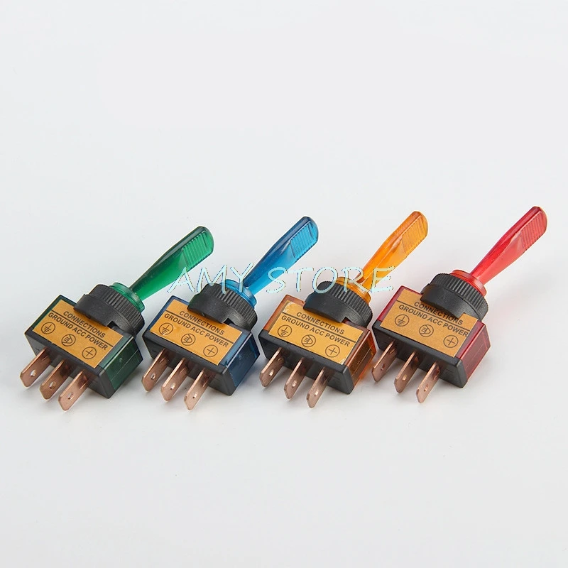 5pcs ASW-13D Automotive Car Truck Toggle Switch 3 Pin ON-OFF w Light Lamp DC12V 20A 12mm Mounting RedYellow Blue Green 3A 250VAC